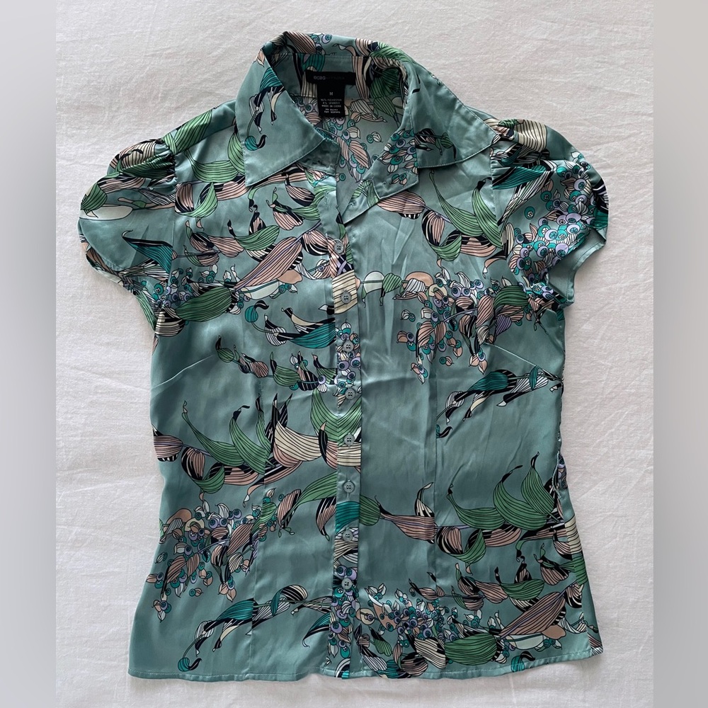 BCBGMAXAZRIA Aqua Floral Satin Button-Up Blouse